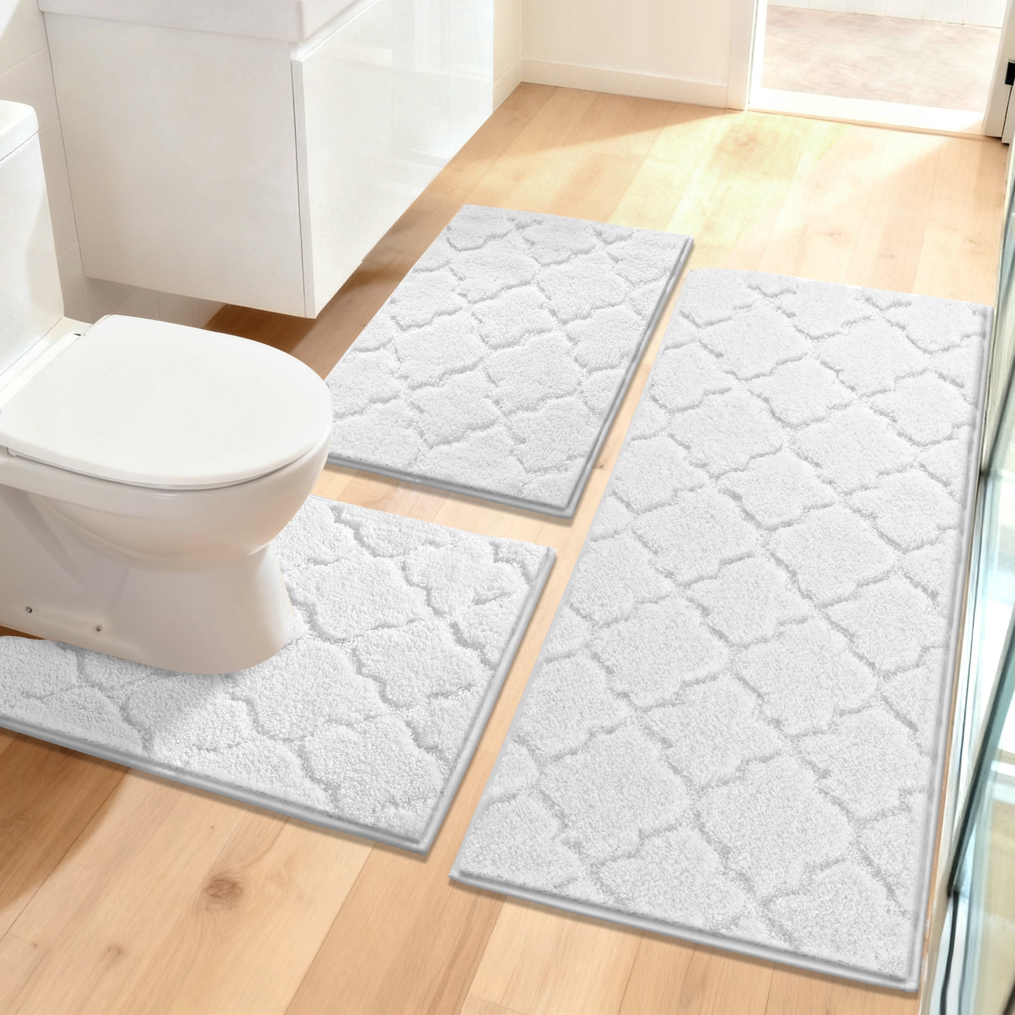 Findosom Bathroom Rugs Sets 3 Pcs,Non Slip Soft Absorbent Microfiber Bath Mats and U-Shaped Contour Toilet Rug,Machine Washable Plush Shaggy Bath Mat Set for Bathroom 18"x26"+18"x48"+U 20"x24" White