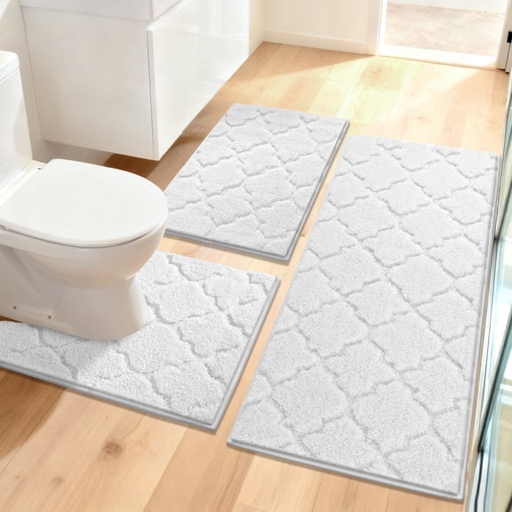 Findosom Bathroom Rugs Sets 3 Pcs,Non Slip Soft Absorbent Microfiber Bath Mats and U-Shaped Contour Toilet Rug,Machine Washable Plush Shaggy Bath Mat Set for Bathroom 18"x26" 18"x48" U 20"x24" White