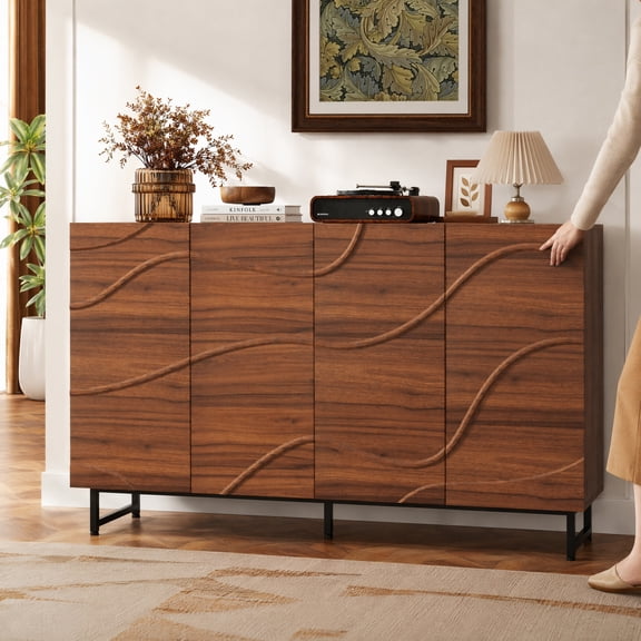 UZUGUL 59" Walnut Wave Relief Sideboard, 4 Doors 8 Compartments, Metal Legs, Adjustable Shelves, for Dining Room