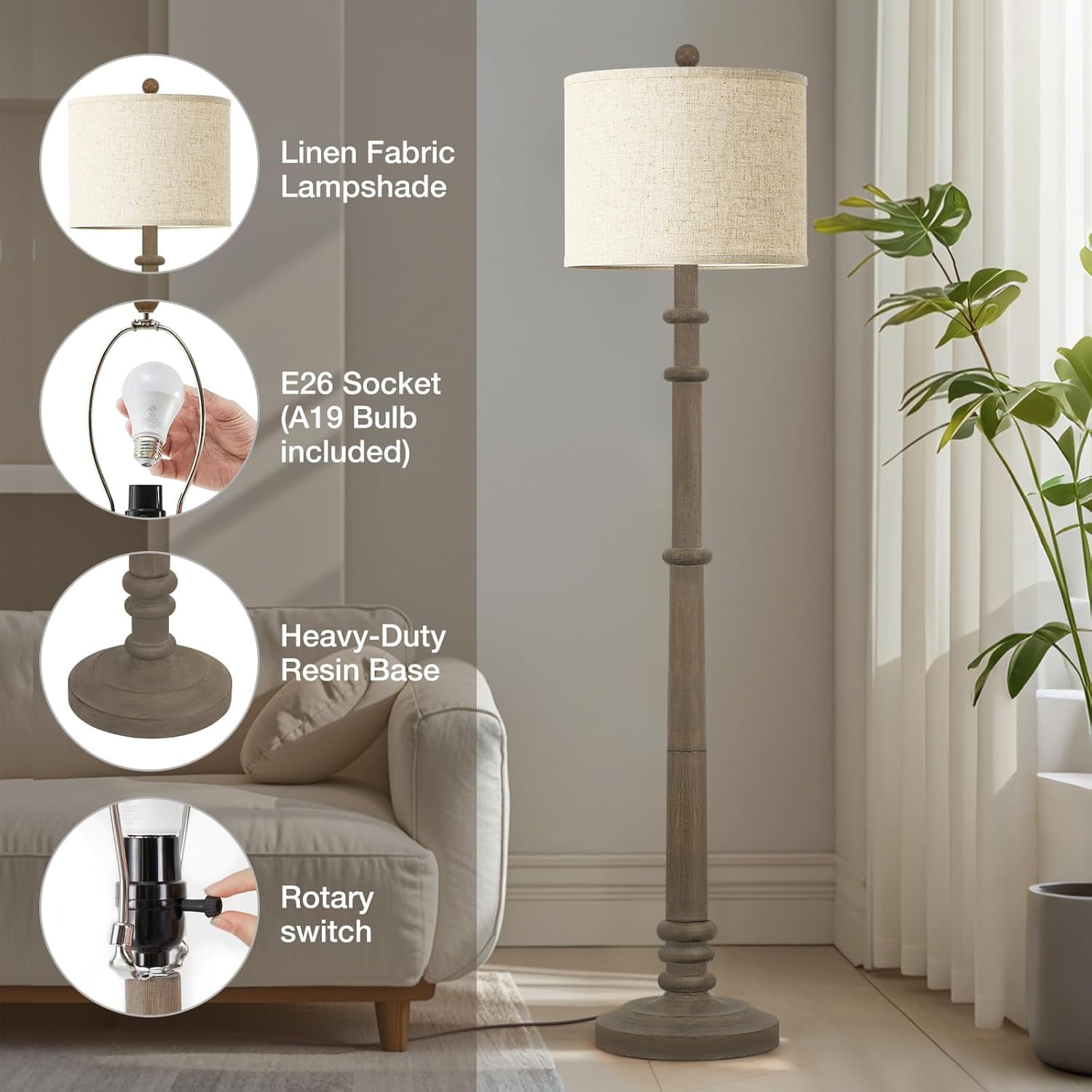 Floor Lamps for Living Room - 60" Resin Farmhouse Floor Lamp with Adjustable Color Temperatures - Vintage Standing Lamp Reading Light with Linen Shade Retro Tall Lamp for Bedroom Office, Black