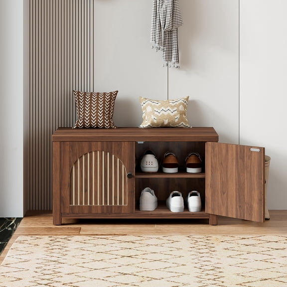 Fluted Storage Bench with Shoe Storage, Small Entryway Bench Cabinet with 2 Doors, Adjustable Shelf, Mid Century Modern