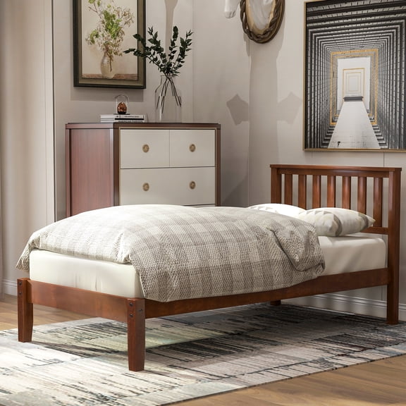 Pinovk Wood Platform Bed with Headboard/Wood Slat Support.Twin (Walnut)