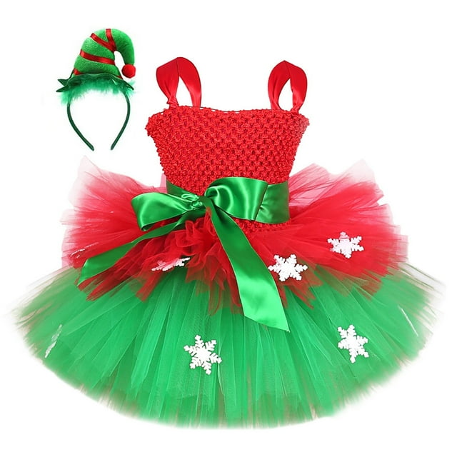Diconna Costume de Noël Elf pour Filles, Robe Tutu de Luxe avec Chapeau et Bandeau, Ensemble de Cosplay pour les Fêtes d'Hiver