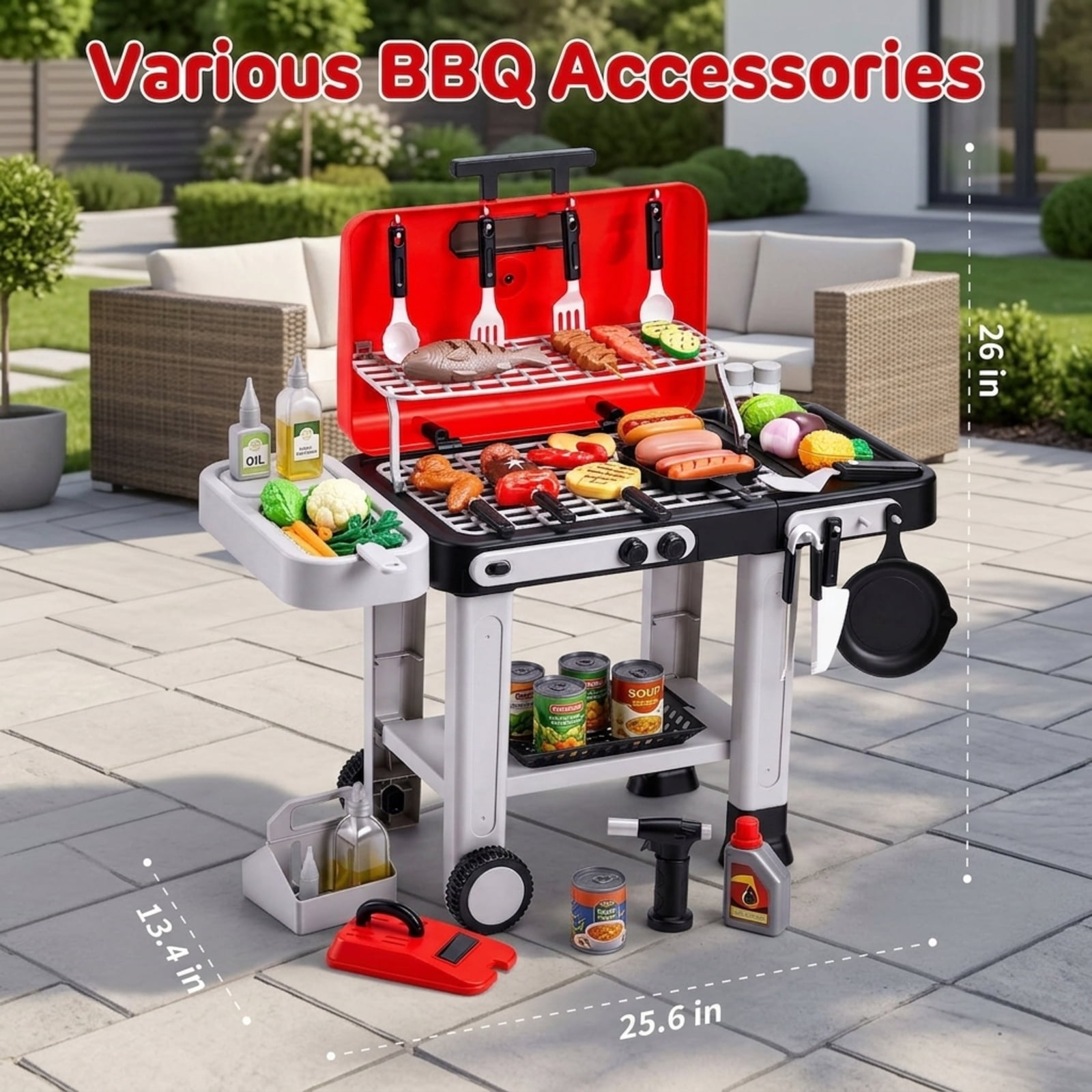 Fenbeli Kids BBQ Grill Toy with Spray Mist, Lights, Sounds and Color-Changing Play Food, Rolling Pretend Kitchen Set