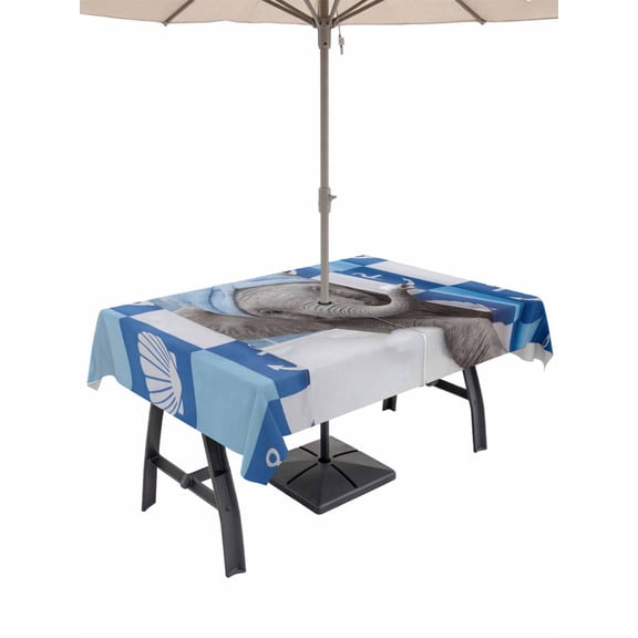 Outdoor Tablecloth with Umbrella Hole for Patio/Picnic/Party/Camping, Funny Elephant Waterproof Table Cloth Rectangle Table Cover Washable, Cute Art Modern Lovely Animals on Showering (60"x 102")