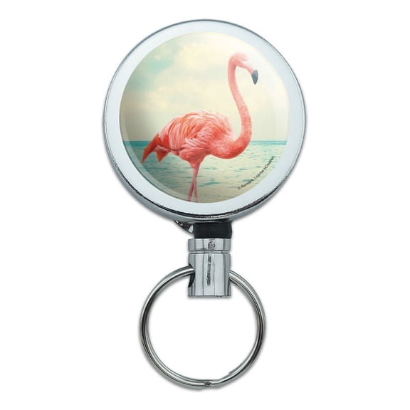 Flamingo on Beach Starfish Retro Heavy Duty Metal Retractable Reel ID Badge Key Card Tag Holder with Belt Clip