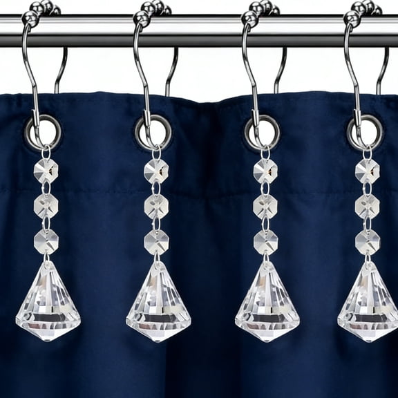 12PCS Shower Curtain Hooks Rings with Crystal Bead Charms, Stainless Steel Rust Resistant Decorative Bathroom Curtain Hooks, Clear Diamond Style