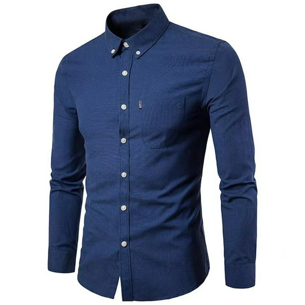 pstuiky camisas de manga larga para hombre, Blusa informal lisa de manga larga con cuello vuelto, bolsillos y botones para hombre Tops de talla grande para hombre xxxxl