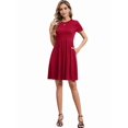 thumbnail image 2 of Women'S Short Sleeve Summer Dress Pleated Loose Swing Knee Length Dresses with Pockets Red XXL, 2 of 9