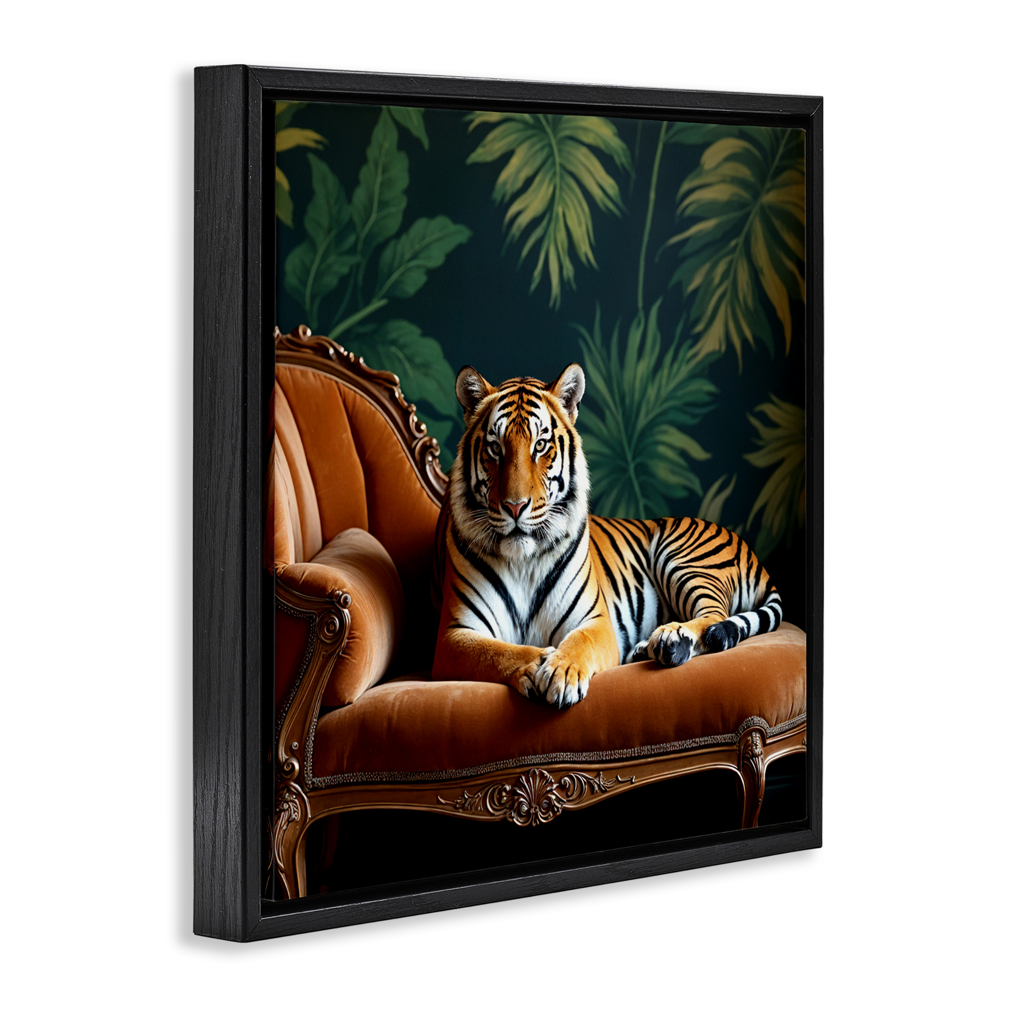 Tiger Lounging on Chaise Black Framed Floater Canvas Wall Art, design by Lettered and Lined