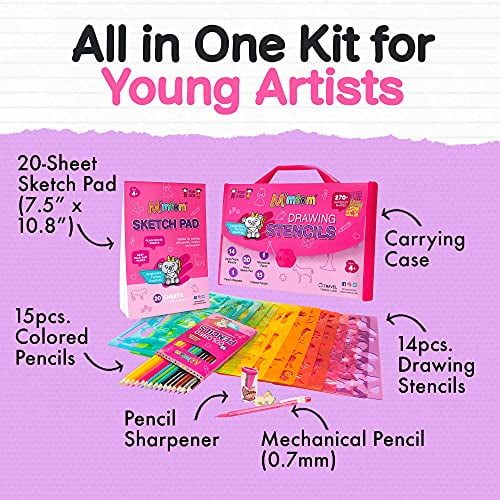 Mimtom Drawing Stencil Kit for Kids, 51 PC Art Set with 270+ Shapes, Sketch Pad, and Colored Pencils for Child's DIY Arts and Crafts, Draw with Princess, Fairies and Animal Stencils, Pink