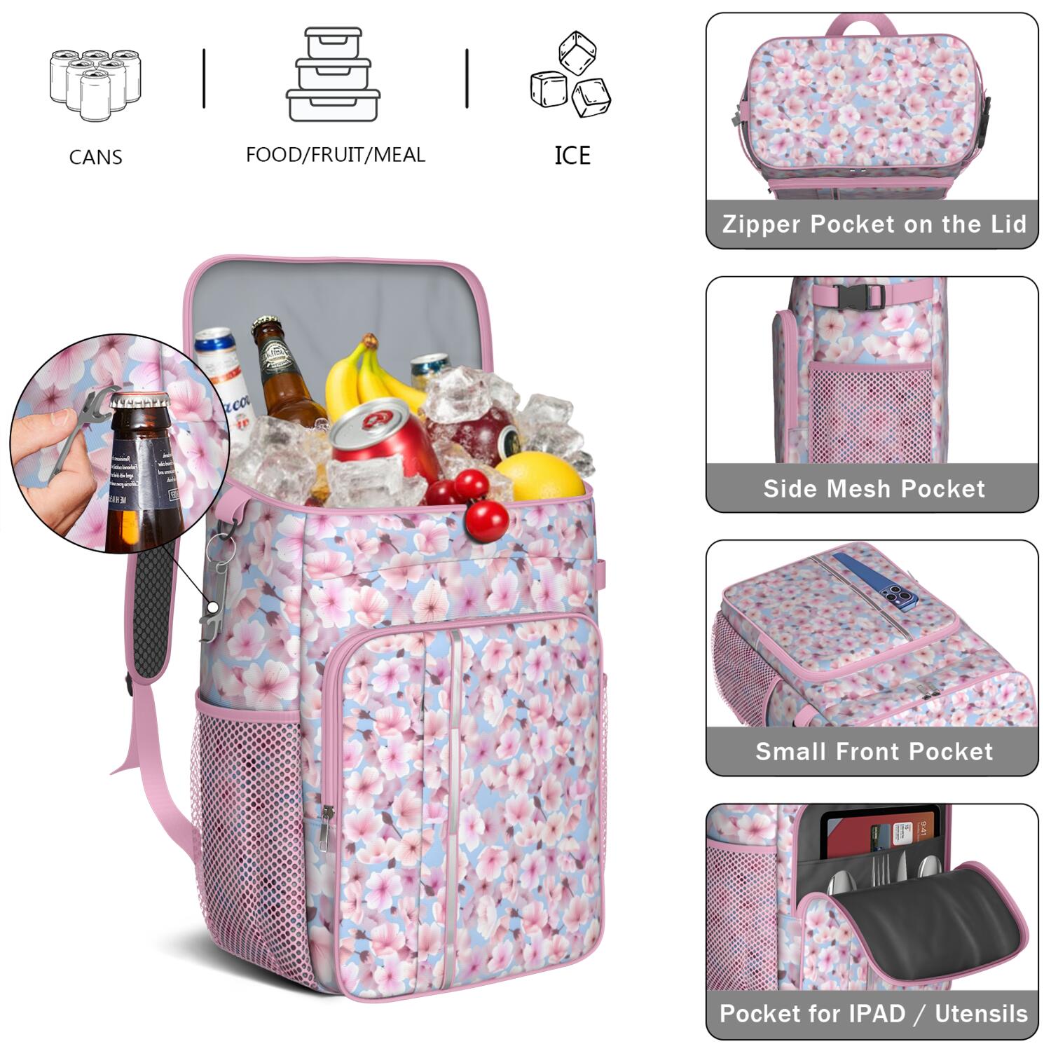 Travel Cooler Bag - Pioneer Flower Floral Print Pattern Camping Beer Cooler Backpack with Bottle Opener- Waterproof Insulated Picnic Backpacks - Cooler Bag for Beach
