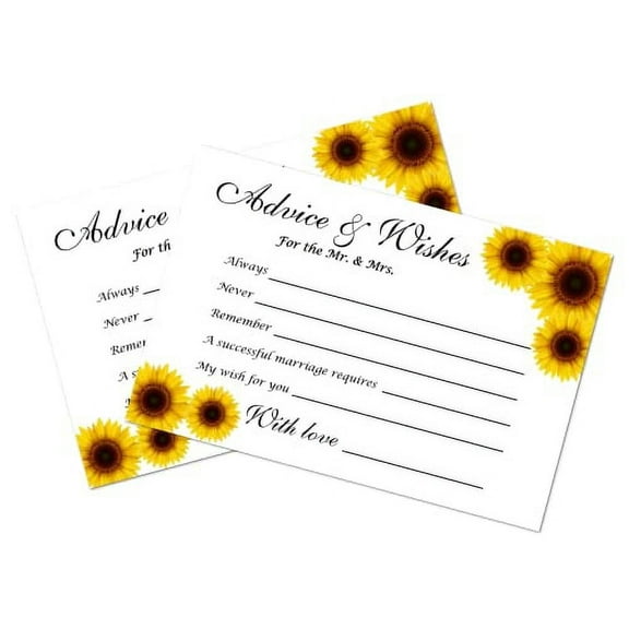 Sunflower Wedding Advice and Wishes Cards, For the New Mr & Mrs, Bride and Groom, For Bridal Shower, Newlyweds Reunion, Reception, Rehearsals, Dinner Parties, Events 50 Cards 4"x6". Made in USA