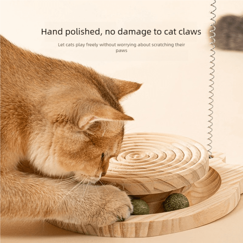 3-in-1 Natural Wood Cat Toy: Interactive Spinning Disk + Detachable Feather Wand + Catnip Balls – Safe, Paw-Friendly Indoor Cat Enrichment