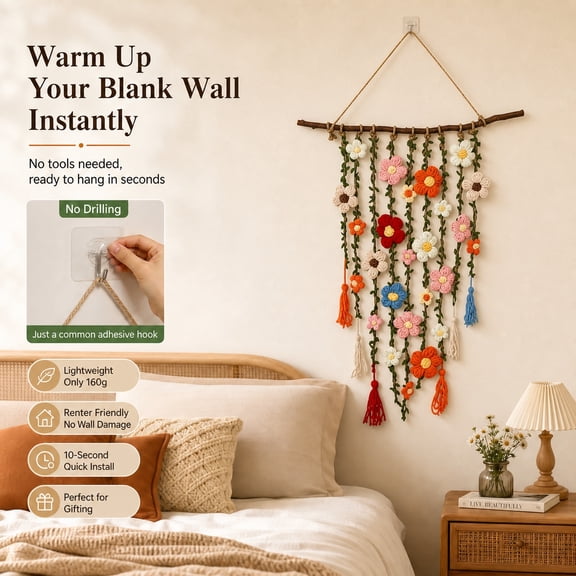 Boho Crochet Flower Wall Hanging, Handmade Cascading Floral Macrame Wall Decor, Farmhouse Bohemian Floral Tapestry for Bedroom Living Room, Ready to Hang