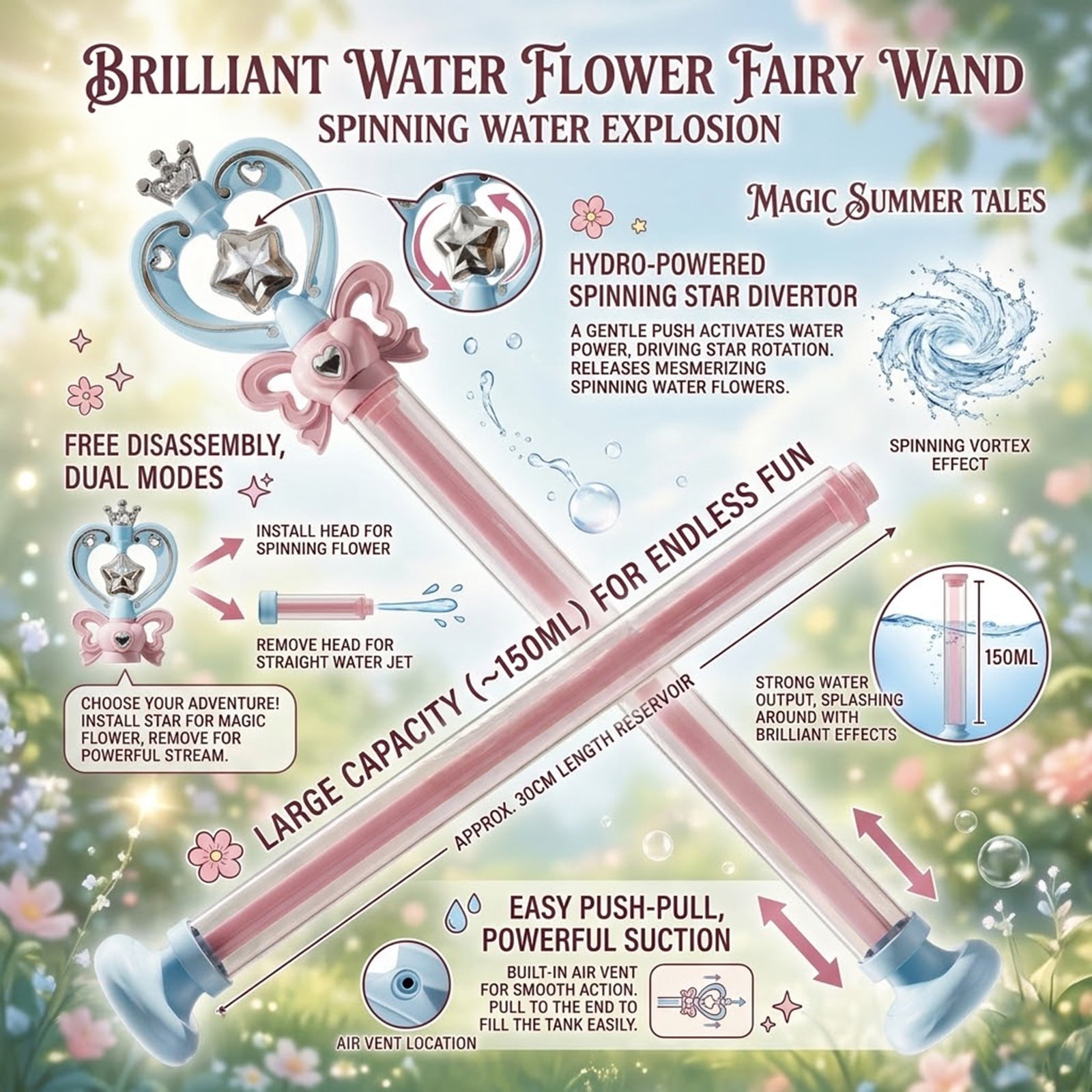 Princess Firework Spinning Water Wand Pull Water Gun, Dual Mode Magic Crown Water Blaster, Summer Outdoor Pool Beach Kids Water Toy