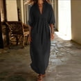 thumbnail image 2 of Atogsazn Womens Summer V Neck Linen Maxi Dress Casual Puff Short Sleeve Dresses Loose Fit Flowy Sundress Black XXXL Fashion, 2 of 7