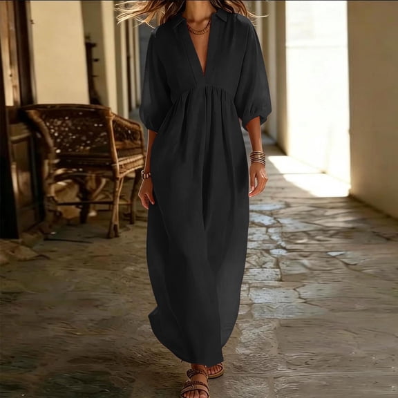 Odbmxy Maxi Dresses for Women Fall 3/4 Sleeve Cotton Linen Tent Shirt Dresses for Women Puff Sleeve Oversized Beach