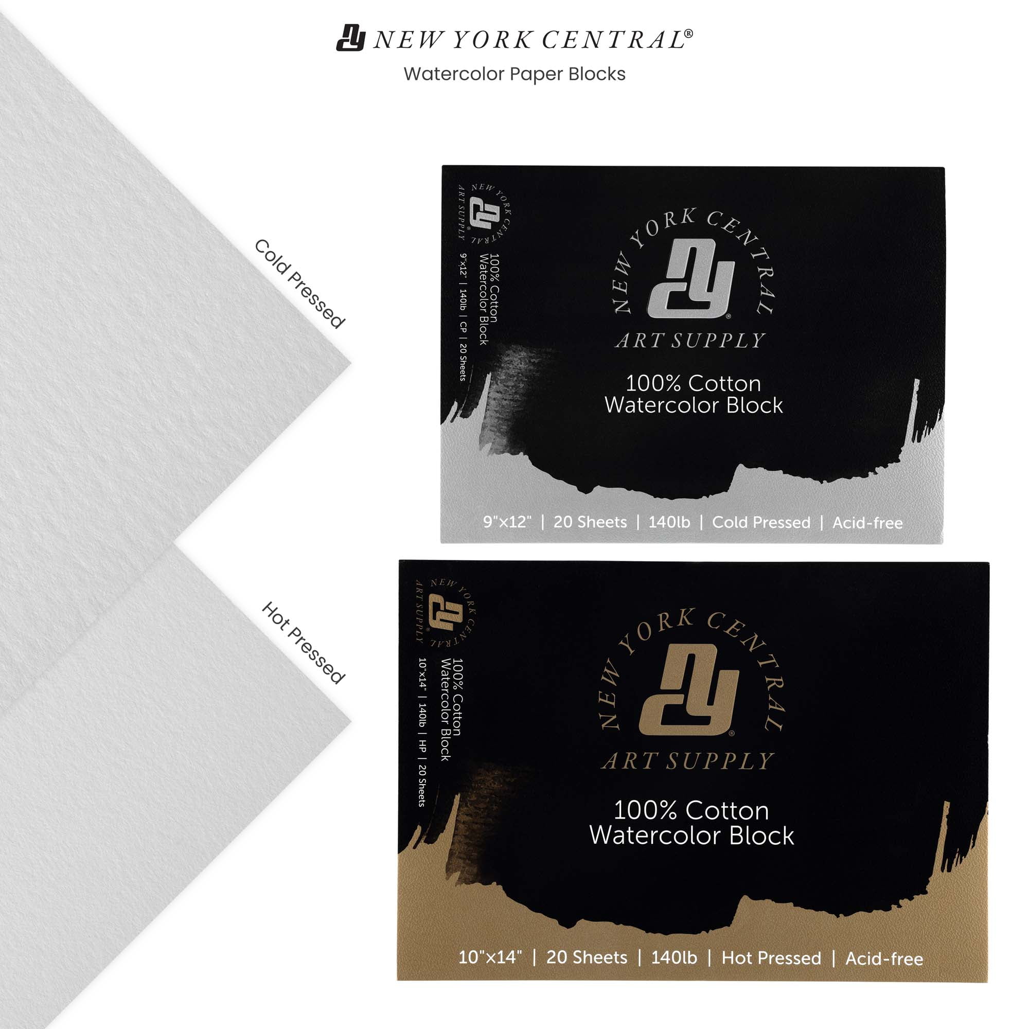 New York Central Watercolor Paper Block - 4x10" - 40 Sheets, 140 lb. Hot Press - 100% Cotton, Acid-Free, Archival Quality, Bright White Watercolor Paper Pad for Wet & Dry Media