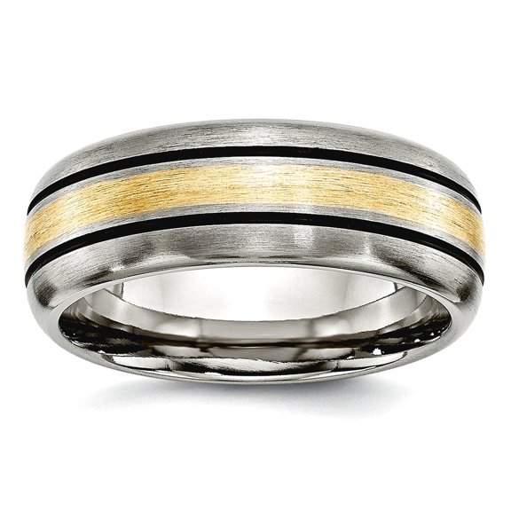 Titanium Brushed Polished Antiqued Oxidized 14k Gold Inlay 8mm Brush/Antique Band Size 8.5 Ring for Women and Men