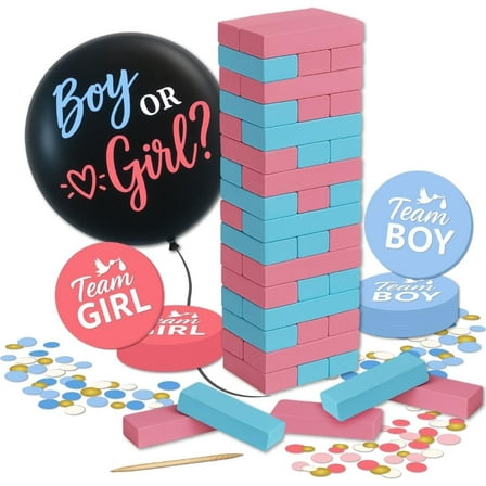 Gender Reveal Game – Baby & Pregnancy Party Ideas With Gender Reveal Balloon & Poker, 51 Pink & Blue Wooden Blocks, Team Boy or Girl Stickers, Glitter | Baby Shower Games & Decorations