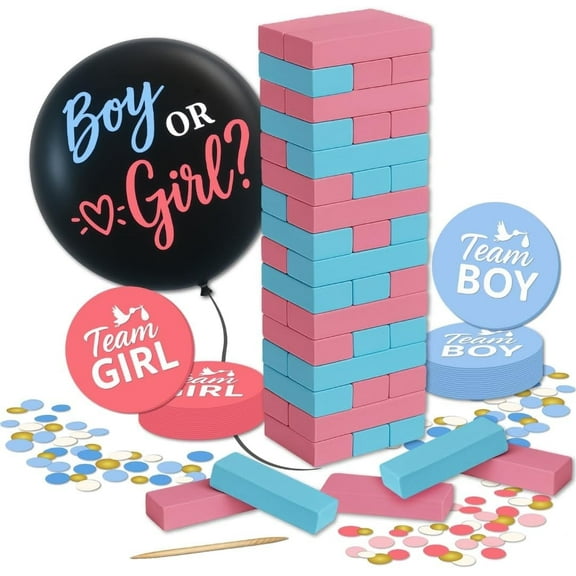 Gender Reveal Game – Baby & Pregnancy Party Ideas With Gender Reveal Balloon & Poker, 51 Pink & Blue Wooden Blocks, Team Boy or Girl Stickers, Glitter | Baby Shower Games & Decorations