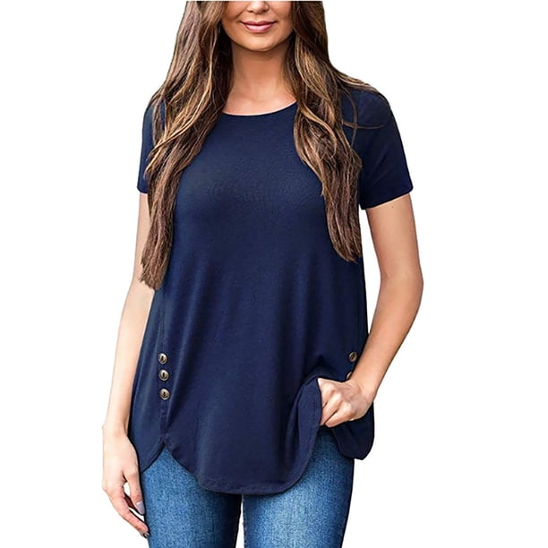 Pullover de Color Sólido de las Mujeres, Nuevo Botón de Manga Corta Cuello Redondo para el Uso Casual Y de Fiesta, Blusa Diaria Suave, Camiseta de Moda Callejera