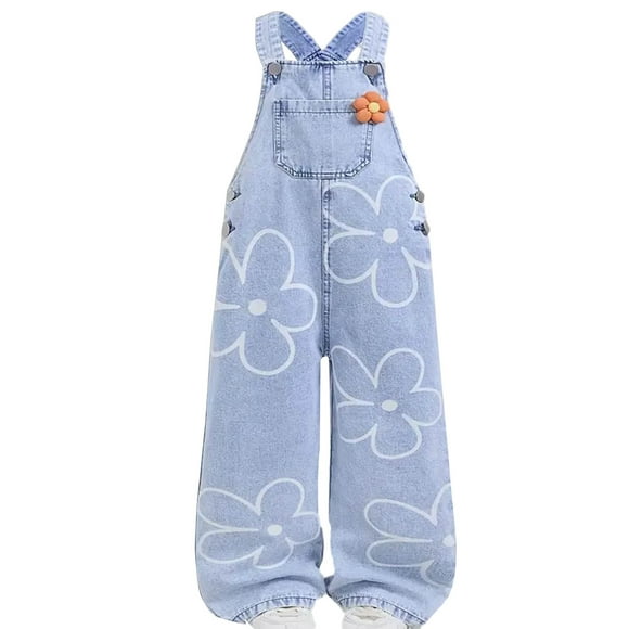 Liyamei Salopette en Denim à Jambe Grand Imprimée pour Filles avec Détails Décoratifs, 4 Ans