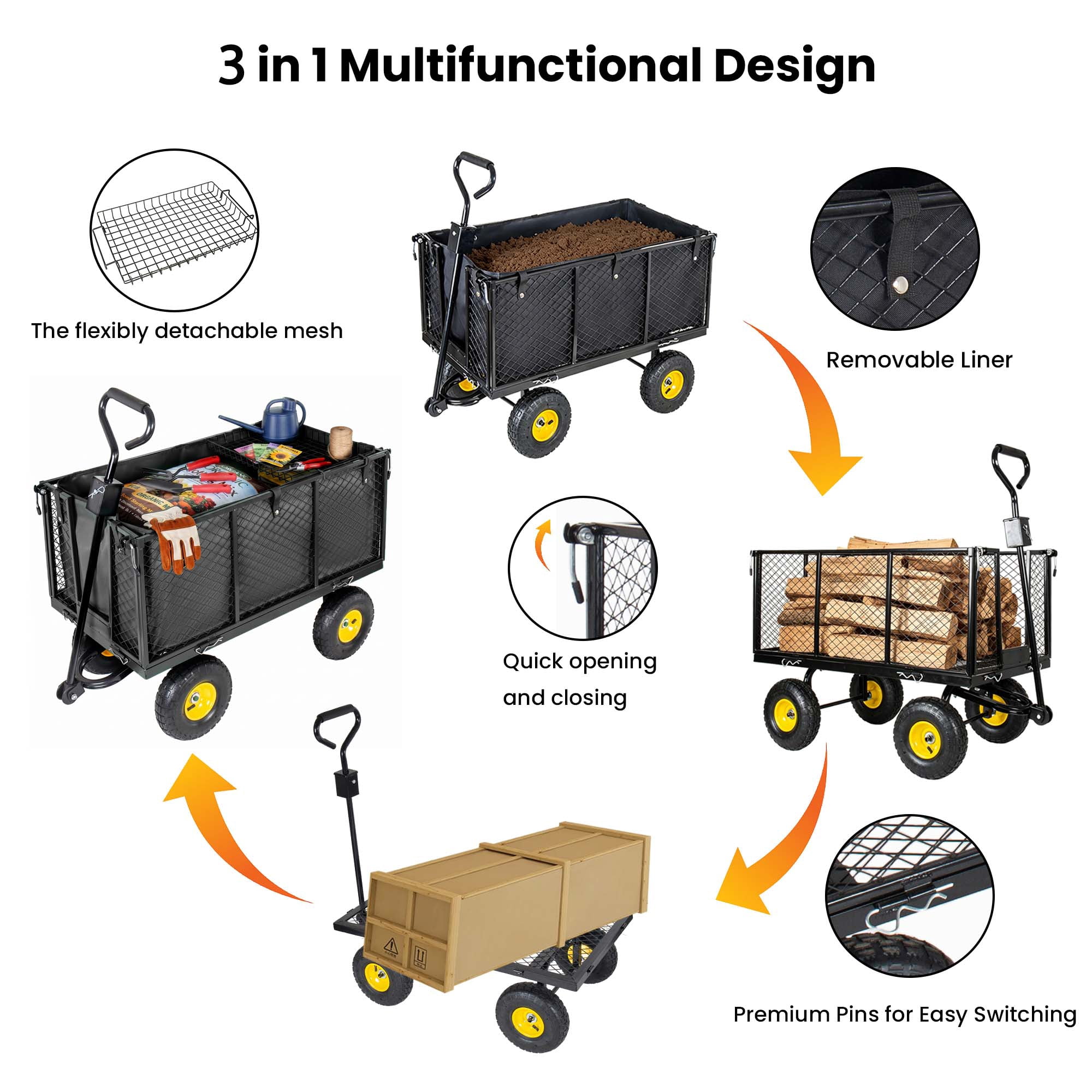 Steel Garden Cart, 3-in-1 Oversized 880 lbs Mesh Metal Pullable Cart with Removable Liner for Lawn Garden Backyard, Black