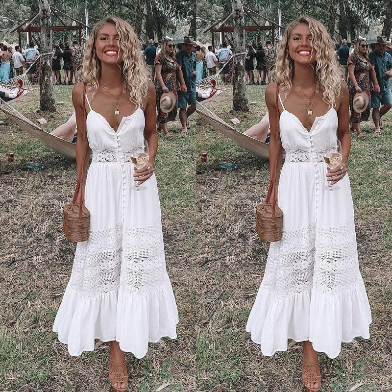 Fashion Summer Dress Women Sexy Dresses V Neck Backless Lace Stitching Dress Beach Dresses White Dress