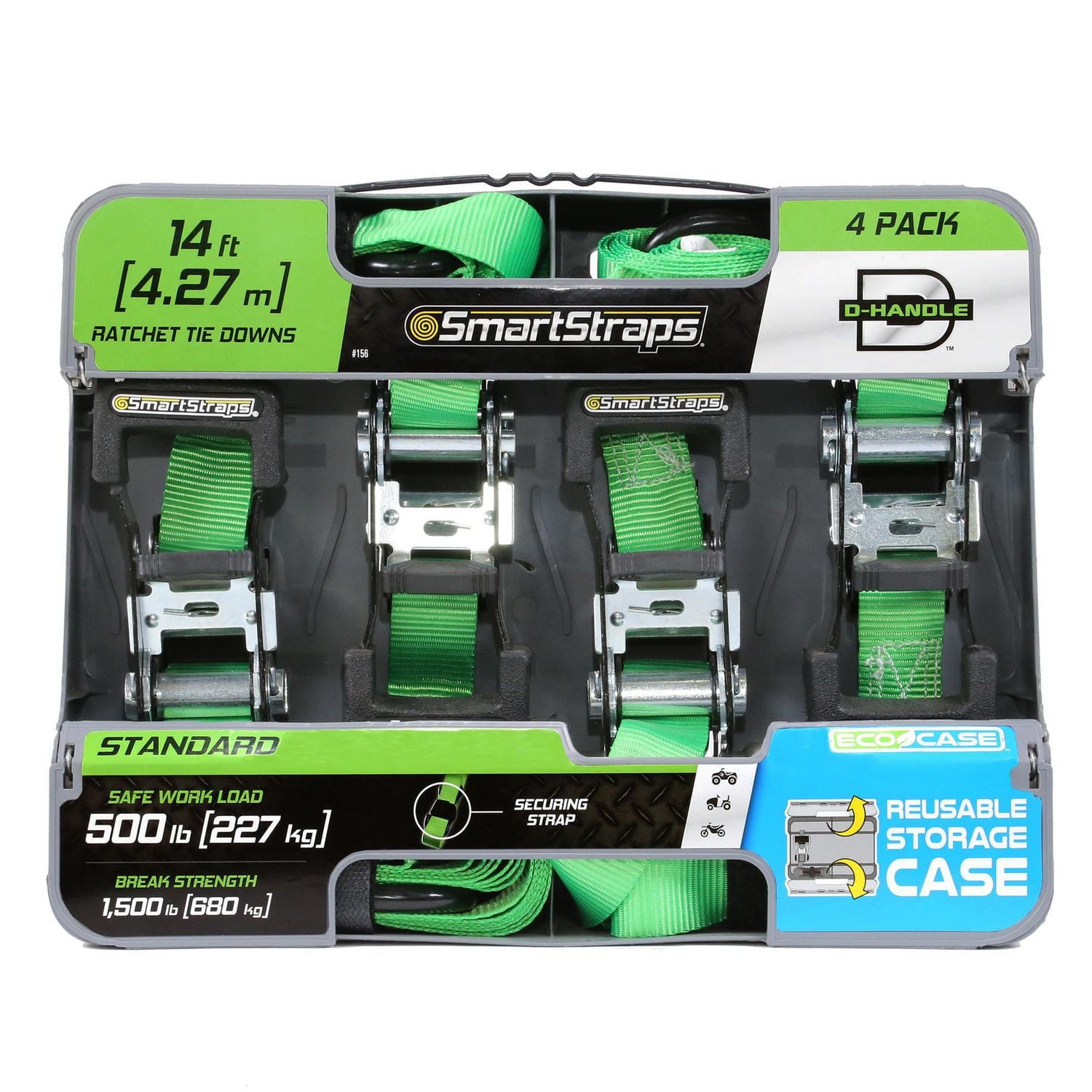 SmartStraps 14' 1500 lb Padded D-Handle Ratchet Tie Down, Pack of 4