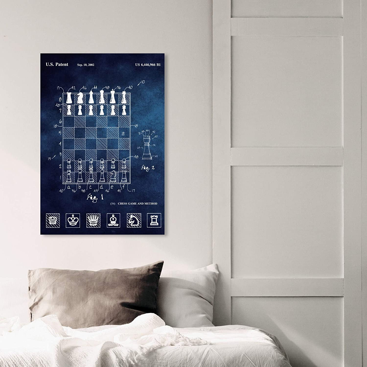 Wynwood Studio 'Chess Game and Method 2000 Blue Chalkboard' Entertainment and Hobbies Wall Art Canvas Print - Blue, White, 20" x 30"