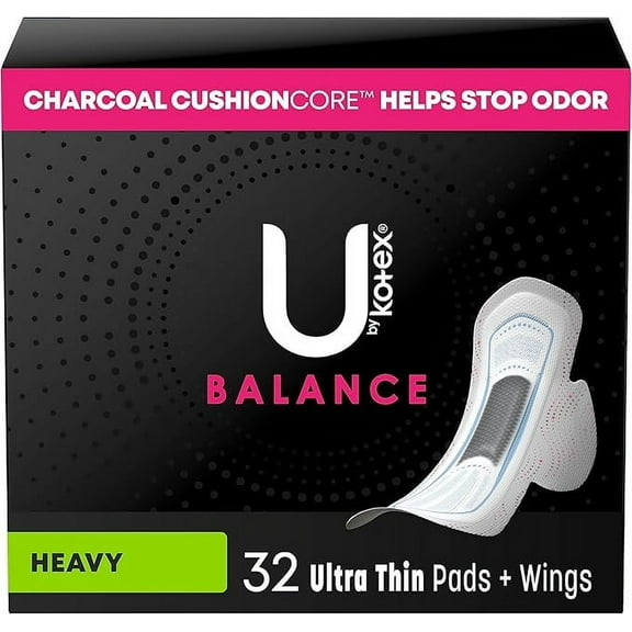 U by Kotex Balance Ultra Thin Pads with Wings, Heavy Absorbency, 32 Count (Packaging May Vary)