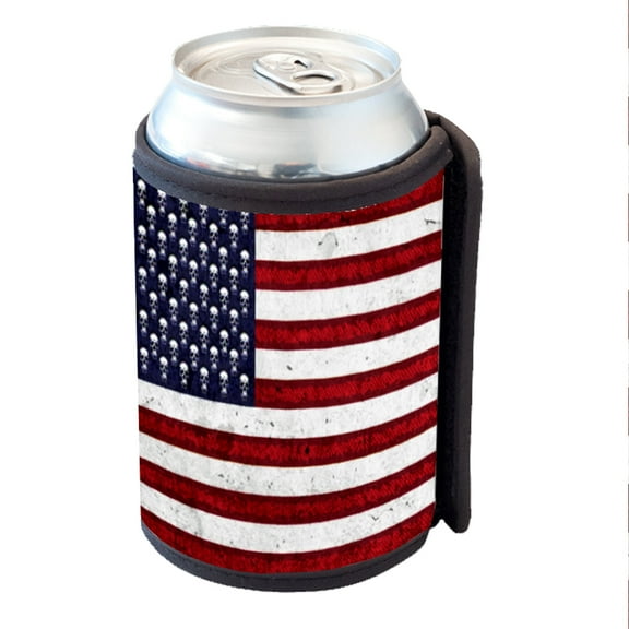 KuzmarK Insulated Drink Can Cooler Hugger - American Flag Pop Art Skulls