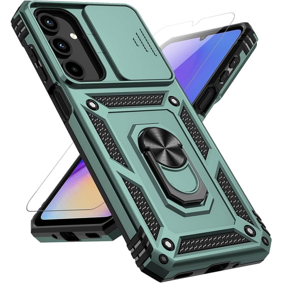 for Samsung Galaxy A16 5G Case with Slide Camera Cover HD Screen Protector [Military Grade 16ft. Drop Tested] Magnetic Ring Holder Kickstand Protective Phone Case for Galaxy A16 5G 2025, Dark Green