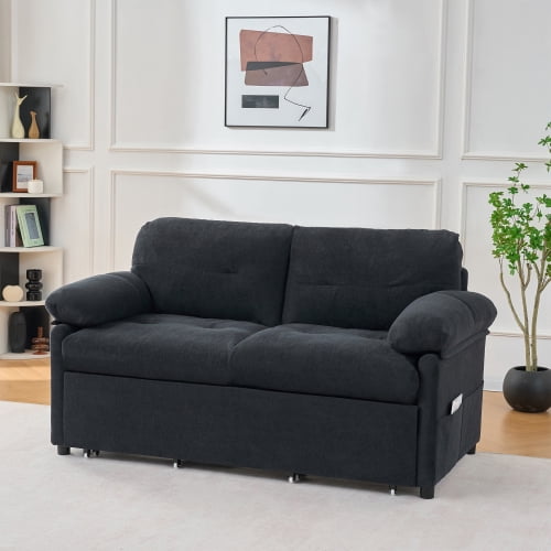 Convertible Sleeper Sofa, Queen Size Pull-Out Sofa Bed, 3-in-1 Chenille Loveseat with Side Storage & Casters for Living Room, Apartment, Black