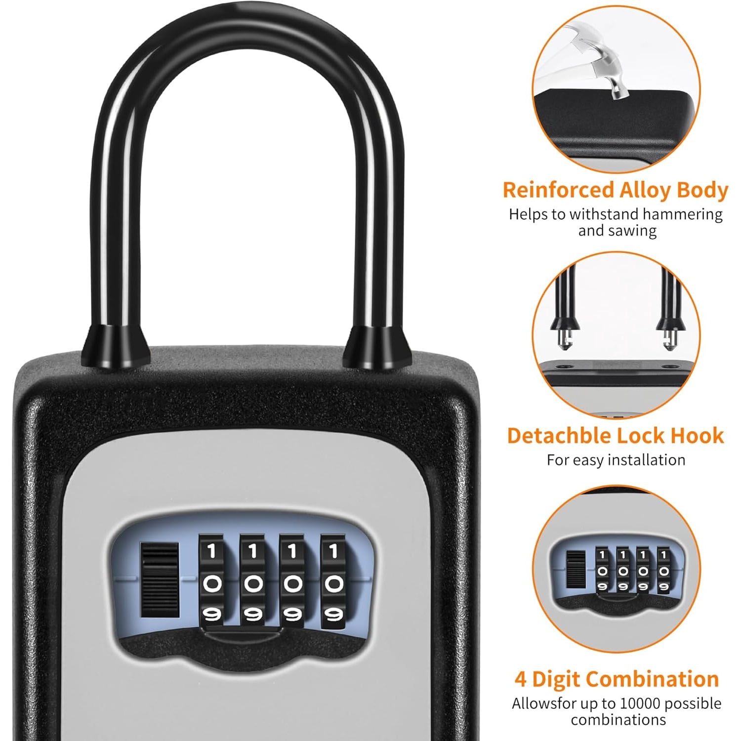 Portable Key Lock Box, Upgrade Clearly Visible Numbers, Lock Box Wall Mounted for House Key, 5 Key Capacity, Weatherproof Resettable Code (4 Pack, Grey)