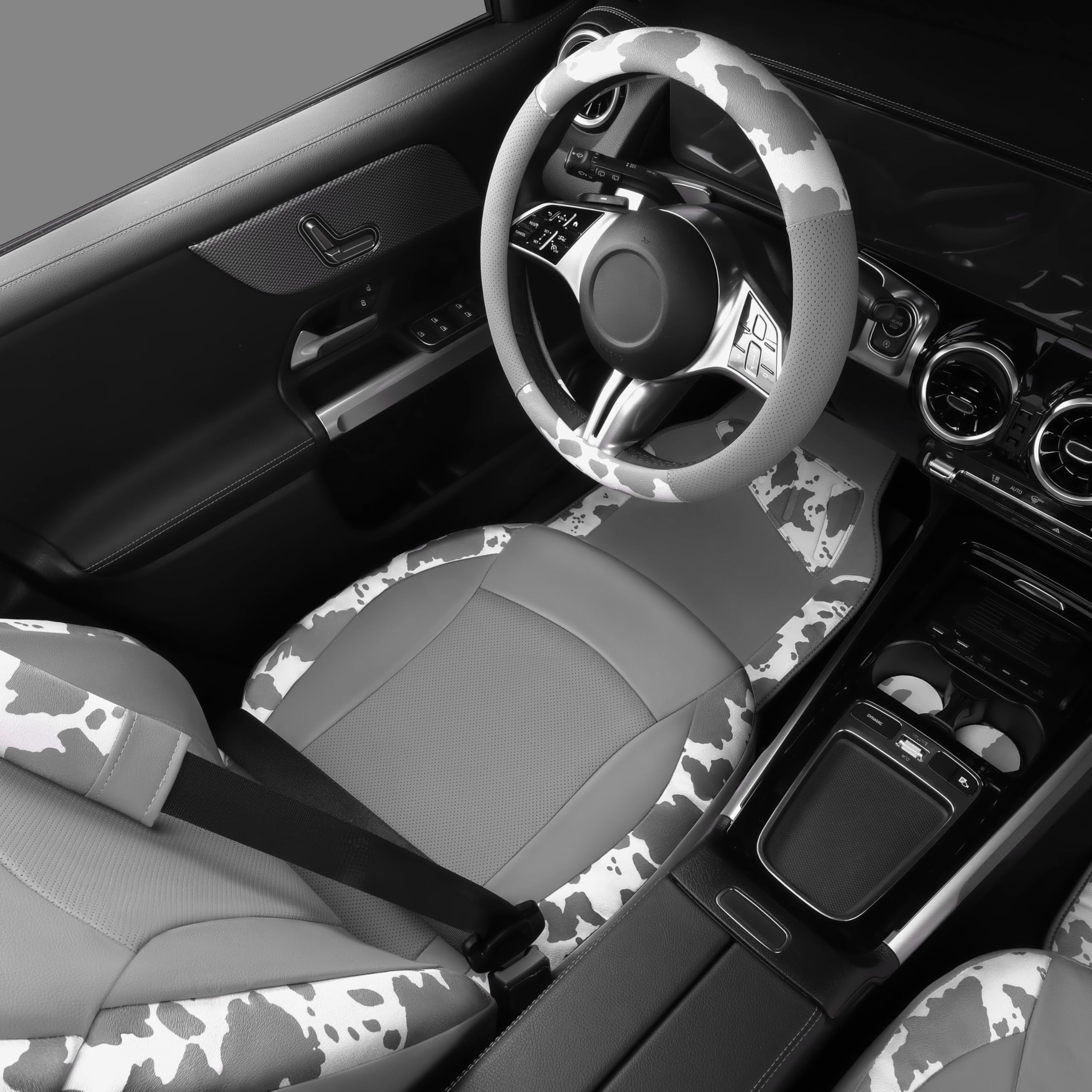 CAR PASS Leopard Print Faux Leather Car Seat Covers & Leopard Car Mats&Leopard Steering Wheel Cover Seat Belt Pad Universal Car Accessories for SUV,Van,Saden,Truck Automobile Interior Sets