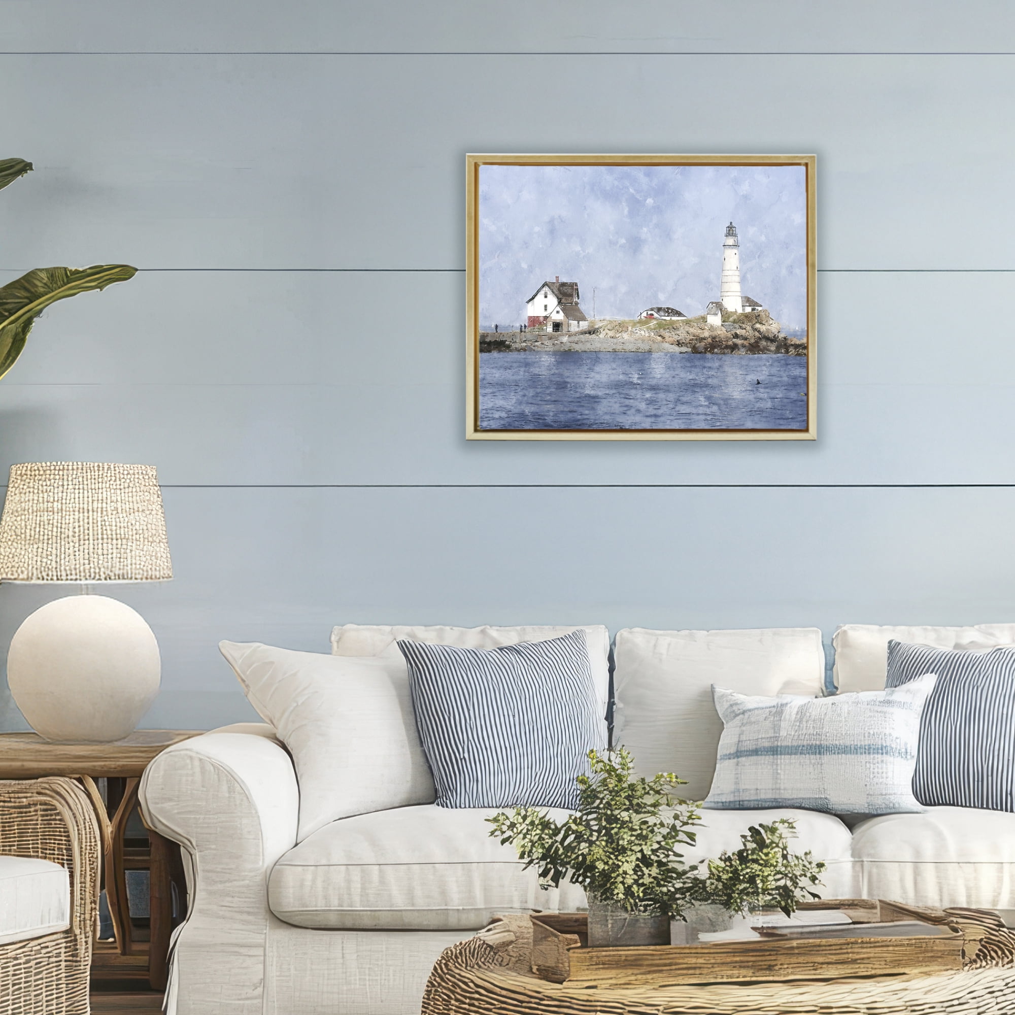 Stupell Industries Picturesque Lighthouse Island Gold Framed Floater Canvas Wall Art, design by Kim Curinga