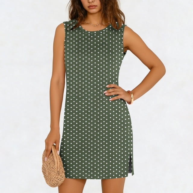 TaTaai Women's Casual Pullover Dress Sleeveless Round Neck Solid Color Slip Dress with Side Slit Lightweight Stretchy Summer Wear Gift