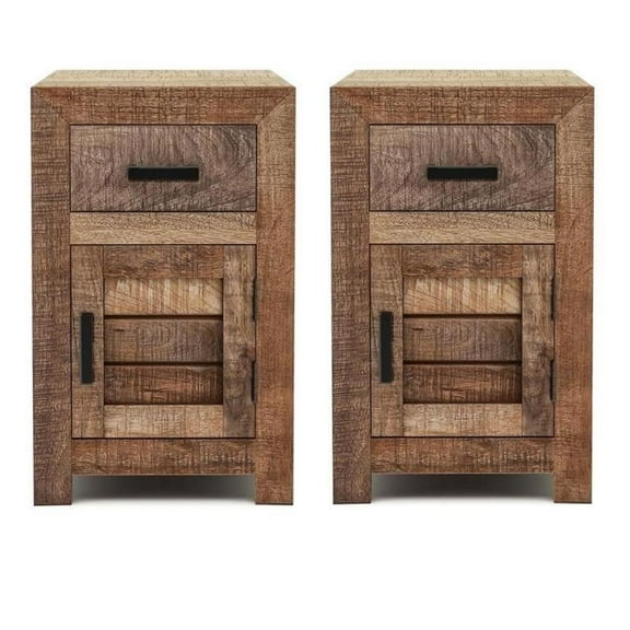 Home Square Rustic Solid Wood Storage Side Table in Natural Tone - Set of 2