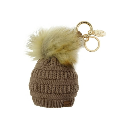 NYFASHION101® Pom Pom Beanie Key Chain Key Ring Handbag Tote Accessory - Taupe