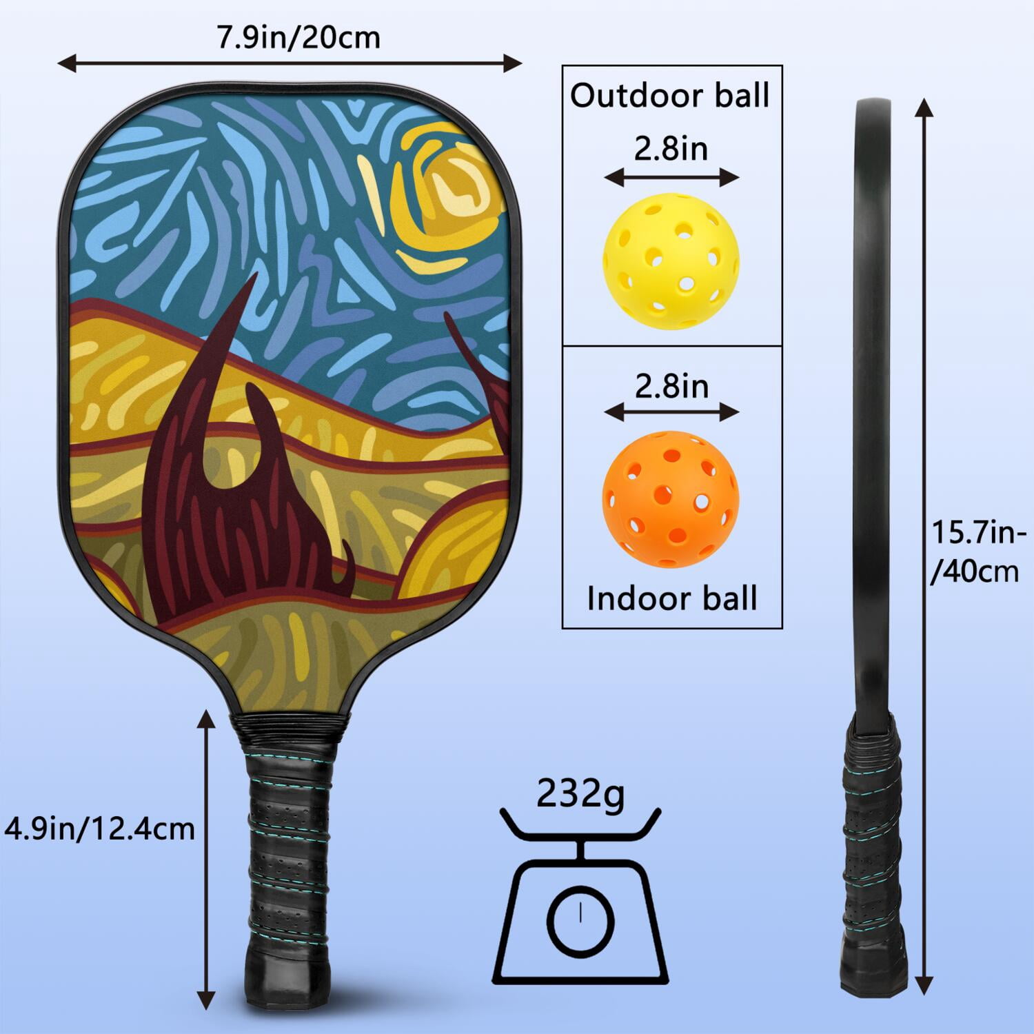 Pickleball Paddles Set Of 2, Fiberglass Surface, Vintage Floral Print, 4 Balls & Bag