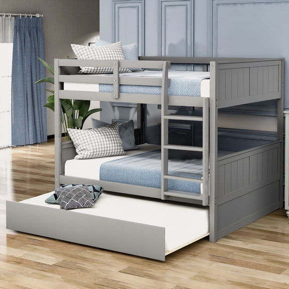 Full Over Full Bunk Bed - Gray, Twin Size Trundle | Built-in Safety & Family Option