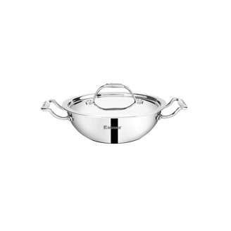 TABAKH 1.5L Triply Stainless Steel Kadai With Lid – 18/8 Steel, Induction Friendly – For Indian Cooking, Soups, Stews