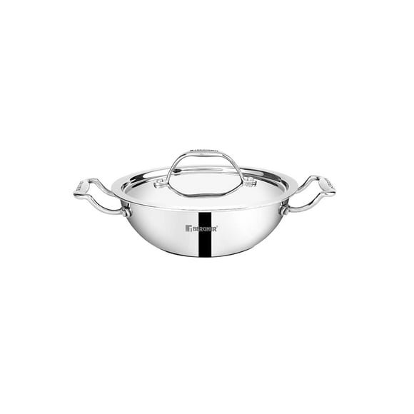 Argent Junior Chef Triply Stainless Steel 16 Cm Kadai With Stainless Steel Lid, 1.1 Liters Kadhai Or Indian Wok | Durable Cookware, Mirror Finish, Induction Base & Gas Ready - Silver, 5-year Warranty