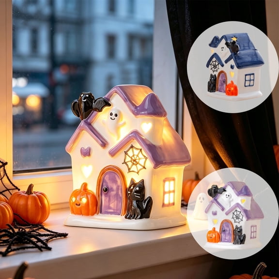 Yeciiwht Ceramic Halloween Lighted House Decor – LED Night Light with Ghost, Pumpkin & Black Cat Figurine, Glowing Tabletop Ornament for Mantel & Party Decor