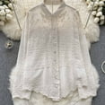 thumbnail image 2 of Olyvenn Womens Sheer Lace Embroidered Tops Long Sleeve Button Down Shirts Collared Loose Blouses Dressy Casual Beige Free Size, 2 of 3