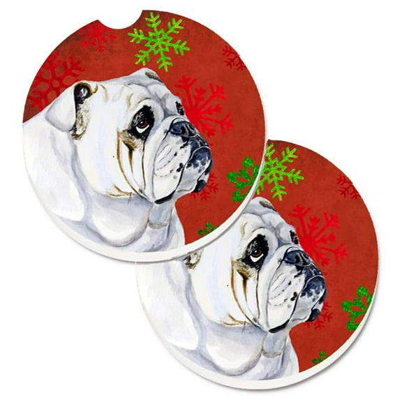 Bulldog English Red & Green Snowflakes Holiday Christmas Set of 2 Cup Holder Car Coaster
