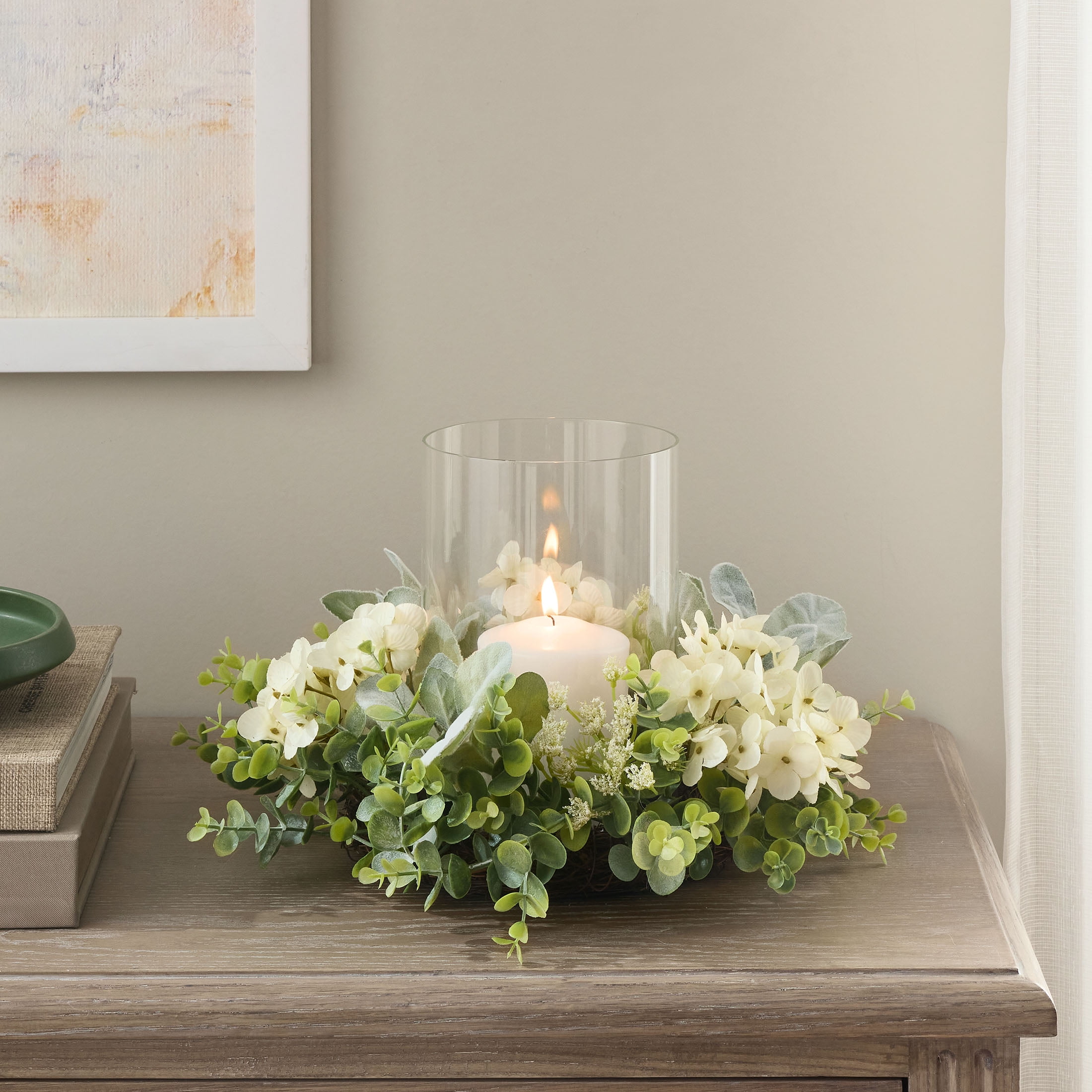 (2 pack) Mainstays Decorative Hurricane Pillar Candleholder with Faux White Hydrangea, 11 in x 11 in x 8 in